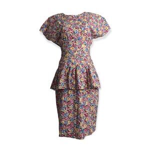 80's JANE SINGER Floral Ruched Peplum Wiggle Dress